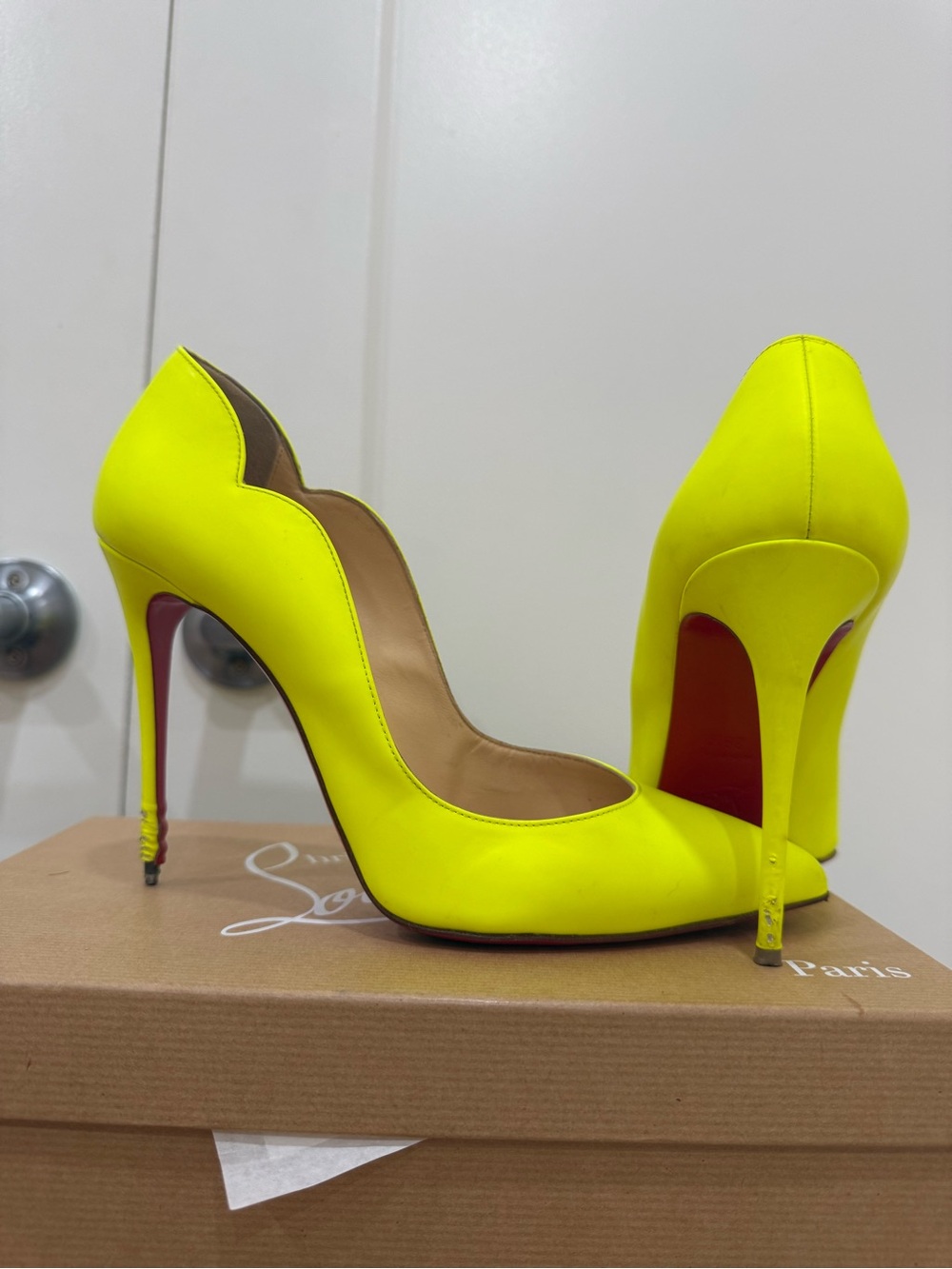 Christian Louboutin Neon Yellow Scalloped Stiletto Pumps with Red Sole